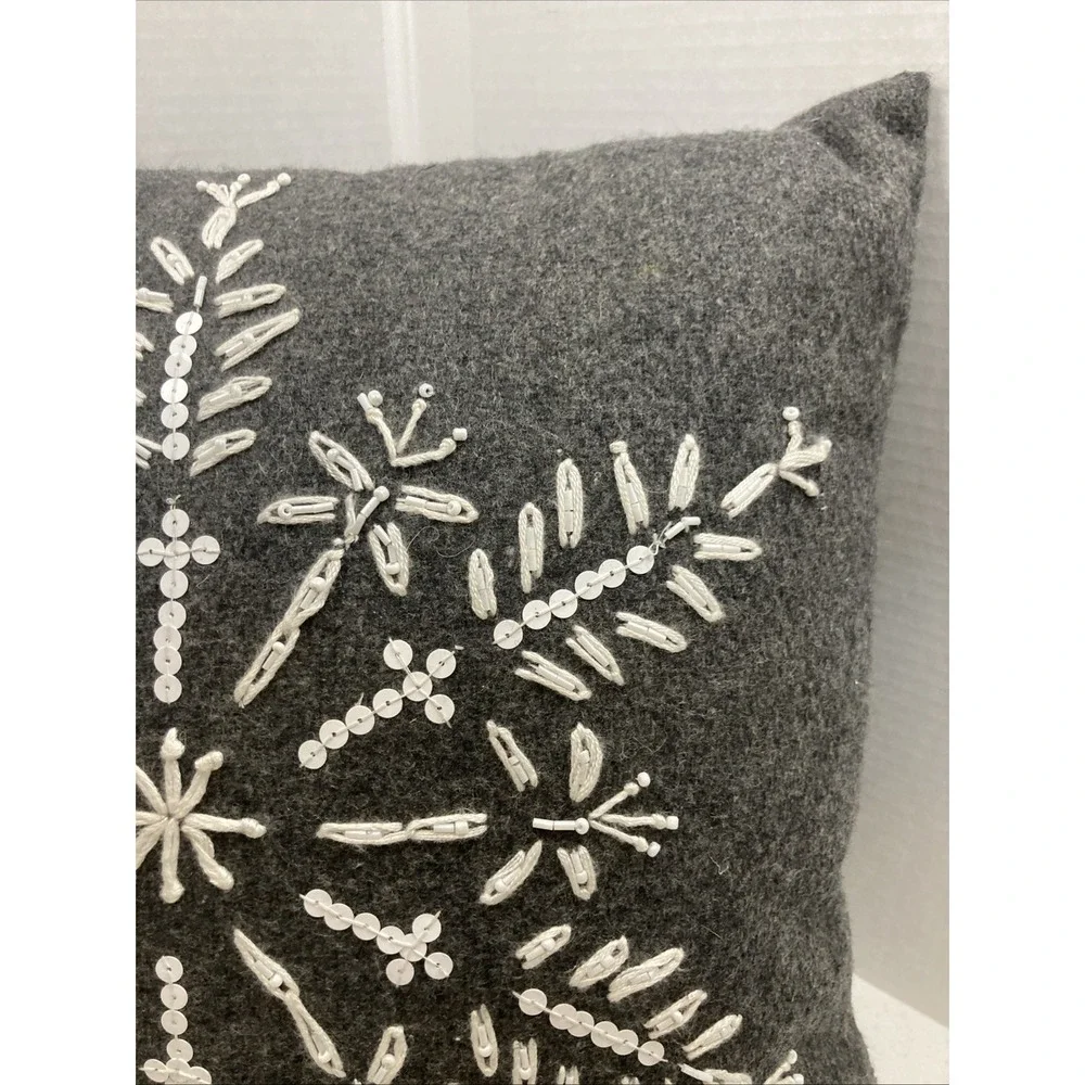 Vtg Pier 1 Beaded Flannel Pillow Gray Snowflake Beaded Sequin 15